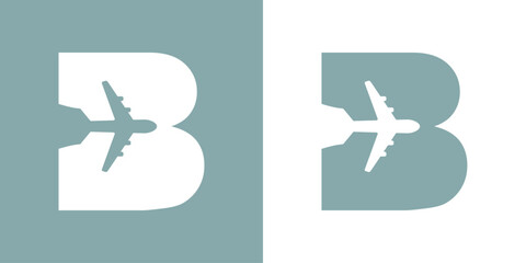 Logo travel. Letra inicial B con silueta de avión en espacio negativo para agencia de viajes - 772145272