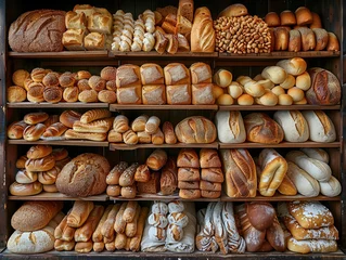 Tuinposter A variety of breads, such as baguettes and bagels, on a bakery shelf in a bakery © Brian Carter