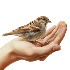 A house  sparrow in hand.