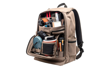 A backpack brimming with assorted items, balanced on a white surface