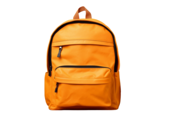 A vibrant yellow backpack with a sleek brown strap hanging on a wooden chair