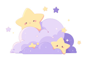 Cute yellow stars characters smiling in clouds. Good night, children, dream, sleep symbols. Flat vector illustration.