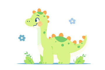 A playful green cartoon dinosaur with flowers around. Prehistoric predator. Flat vector illustration.
