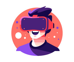 Person with virtual reality headset. Happy, excited man character flat vector illustration.