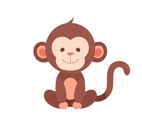 Cute cartoon monkey isolated on white transparent background. Tropical animal, exotic mammal animal in zoo. Flat vector illustration.