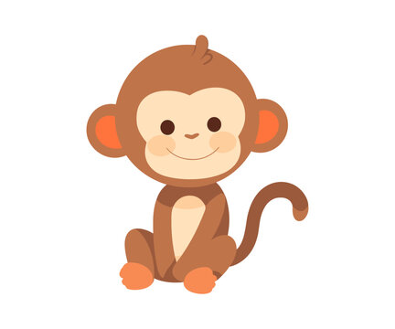 Adorable cartoon monkey sitting and smiling, perfect for children content as coloring pages. Flat vector illustration isolated.
