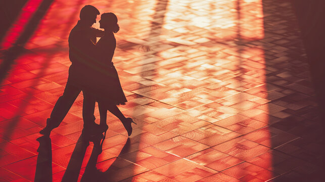 A silhouette of a dancing couple gracefully moves across the parquet floor of the dance hall, embodying elegance and rhythm in their movements