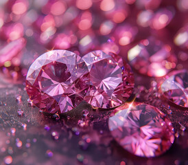 Closeup of pink diamonds in various shapes and sizes, arranged on an elegant surface with soft lighting that accentuates their sparkle. Created with Ai