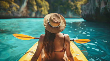 Young woman in a hat floats on a turquoise ocean on a kayak, back view