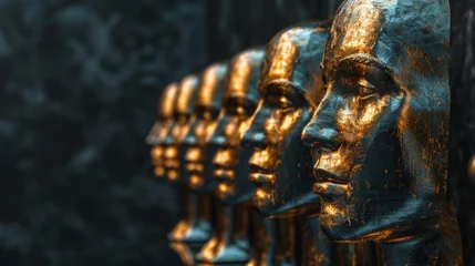 Schilderijen op glas A row of gold statues are lined up against a wall, AI © starush