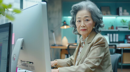 Fototapeta na wymiar Elderly Asian businesswoman working at computer. Modern aging. Looking in camera