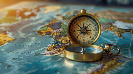 A compass is a tool used for navigation and orientation relative to the cardinal directions on a world map background