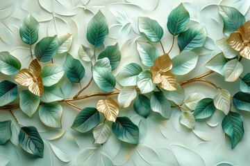 3d relief, white background, layered paper art of green and gold monstera leaves in the foreground with wavy patterned wall behind it. Created with Ai