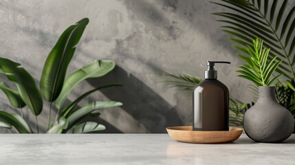 A bottle of lotion on a wooden bowl next to two plants, AI - Powered by Adobe