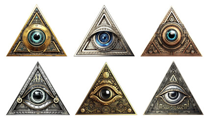 Set of mason pyramids with illuminati eyes, cut out - obrazy, fototapety, plakaty