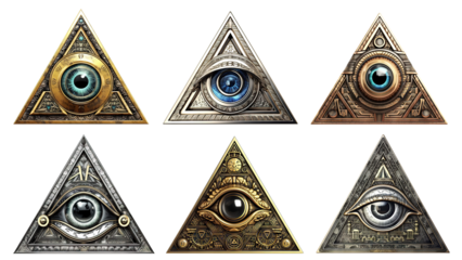 Set of mason pyramids with illuminati eyes, cut out