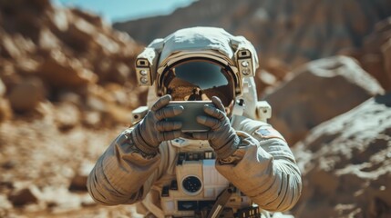 A man in an astronaut suit holding a cell phone, AI - Powered by Adobe