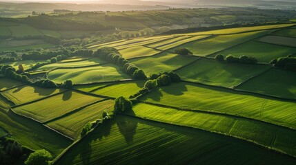Green Fields. Aerial View of Rural Wales Farmlands from Up High - obrazy, fototapety, plakaty