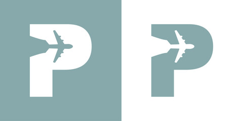 Logo travel. Letra inicial P con silueta de avión en espacio negativo para agencia de viajes - 772147213
