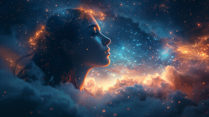 Woman in clouds, dark, galaxy, young adult, star - obrazy, fototapety, plakaty