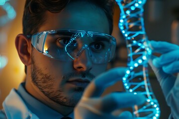 Researcher holding up a DNA strand. Researcher or a medic holding up a DNA strand. This could be also futuristic doctor using genetic engineering techniques known as recombinant DNA technology. . - obrazy, fototapety, plakaty