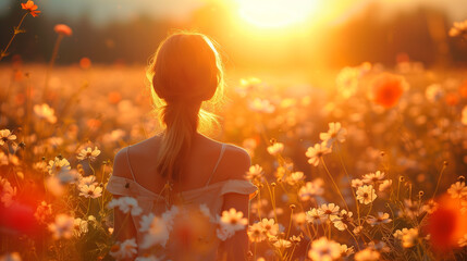 Woman in field of flowers at sunset, beauty in nature, grass, white ethnicity