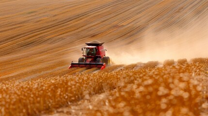 Fototapeta premium A red tractor is driving through a field of wheat, AI
