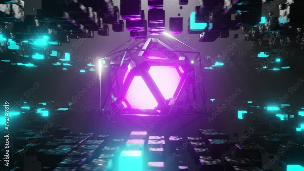 Aufkleber rotating glowing object with purple color moving around. 3d animation loop