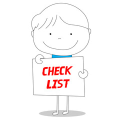 Check List message, school boy holding sign illustration