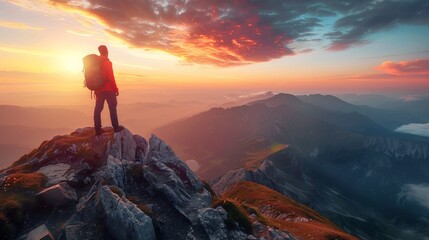 Fototapeta premium A man standing on top of a mountain with his back to the sun, AI