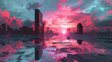 A cityscape with a sunset in the background and buildings, AI - 772148099