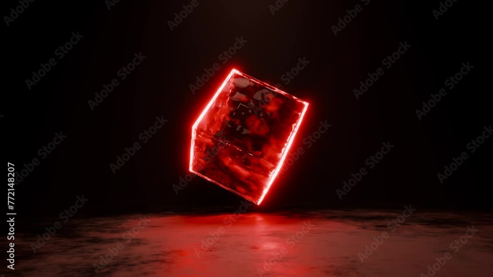 Poster 3d render animation loop of glowing neon cube and reflecting floor