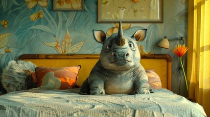 A rhino sitting on a bed with flowers and wallpaper, AI - 772148247