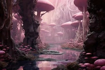 Poster Surreal Pink forest. Magic nature woods. Generate Ai © juliars