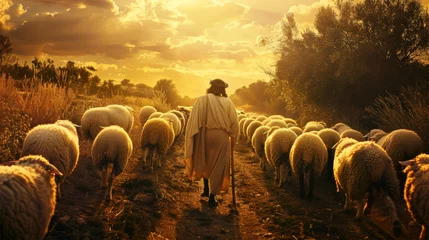 Foto op Canvas A man walking through a field of sheep with the sun behind him, AI © starush