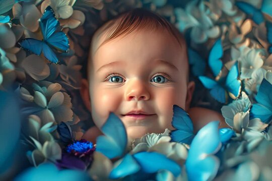 A babys smile captured among blue digital butterflies, blending nature with digital artistry