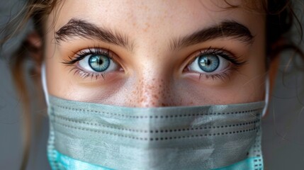 A woman with blue eyes wearing a surgical mask, AI