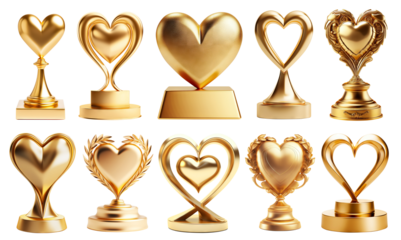 Golden love heart award trophies, cut out