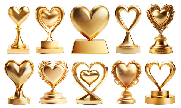 Golden love heart award trophies, cut out