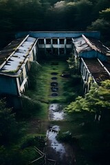 Fototapeta na wymiar abandoned asylum with overgrown grounds and barred windows