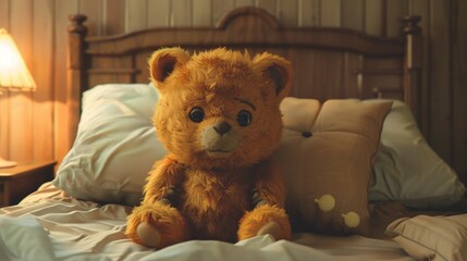 A teddy bear sitting on a bed with pillows and blankets, AI - 772149672