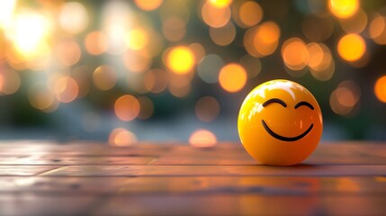 Lone 3D emoticon expressing joy on top of a table, with space to the right of background blurred copy