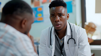 A black doctor in a hospital office consults with a patient