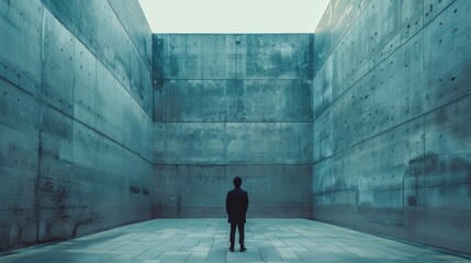A man standing in a large concrete room with no windows, AI - 772150268