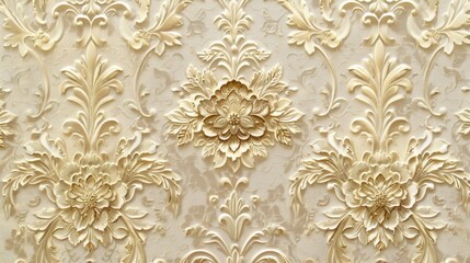 A close up of a decorative wall with gold flowers on it, AI