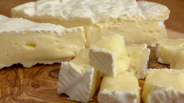 Soft brie cheese cubes on rustic wooden board. High quality 4k footage