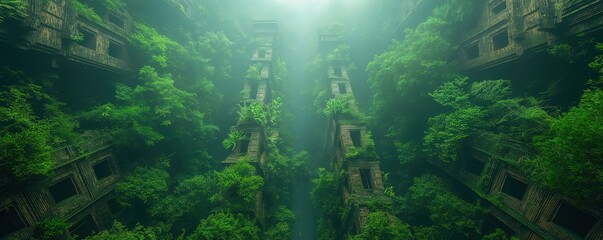 abstract surreal background of ancient ruin in forest covered with green vine and tree, Generative Ai - obrazy, fototapety, plakaty