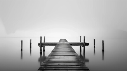 A black and white shot of a dock covered in fog, with wooden posts and railings surrounded by mist