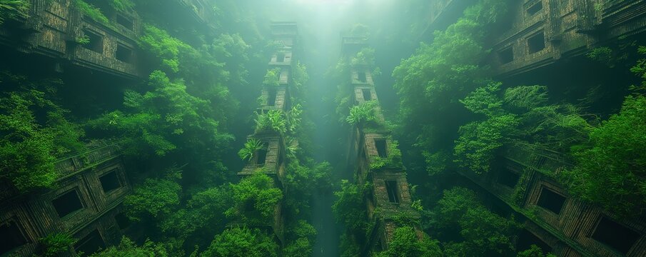 abstract surreal background of ancient ruin in forest covered with green vine and tree, Generative Ai