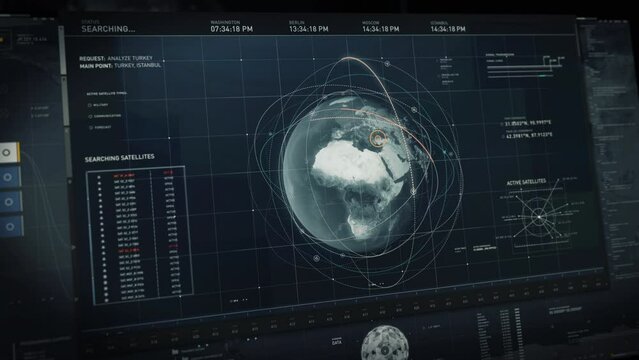Globe scan ui is examining the projection of the planet earth. Globe scan ui is inspecting the planet matrix. Futuristic Globe scan ui has located the unprotected satellite connections on a world map